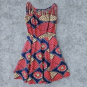 Trashy Diva Tribal Print Cage Retro Dress Flowy Fitted Party Red Blue Size 4 S